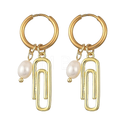 Natural Cultured Freshwater Pearl with Brass Hoop Earrings EJEW-JE07384-1