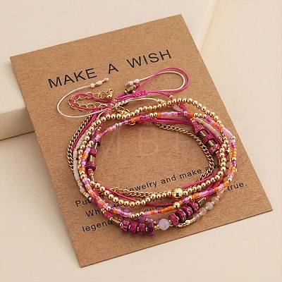 5Pcs Adjustable Nylon Round Gemstone Bead Braided Bracelet Sets NO9066-3-1