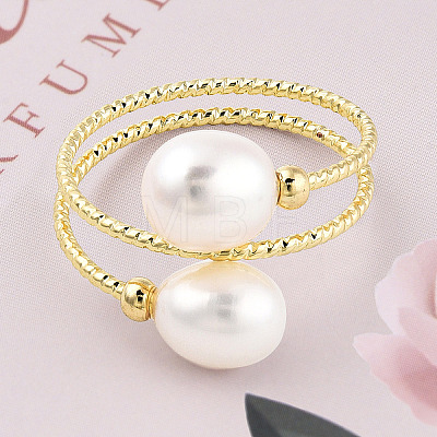 Natural Pearl Beaded Wrapped Cuff Ring RJEW-T026-04G-1