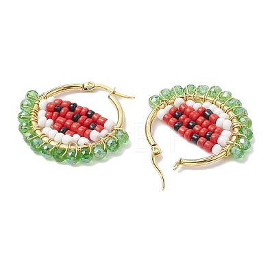 Copper Wire Wrapped Glass Seed Bead Watermelon Hoop Earring EJEW-TA00487-1