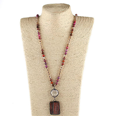 Rectangle & Flat Round Bohemian Style Natural Tourmaline with Glass Pendant Necklaces FS-WGEA5B3-06-1