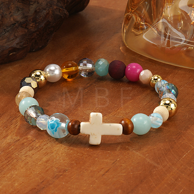 Synthetic Howlite & Glass & Plastic & Zinc Alloy & Brass & Wood Beads Stretch Bracelets for Women JJ5284-1