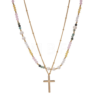 Colorful Natural Mixed Stone and Imitaiton Pearl Beaded Double Layered Necklaces with Stainless Steel Religion Cross Pendant MK2269-1