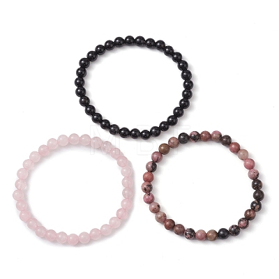 3Pcs 3 Style Natural Mixed Stone Round Beaded Stretch Bracelets BJEW-JB10178-01-1