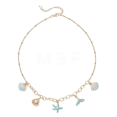 Ocean Alloy Enamel Whale Tail Shell Shape Starfish Pendant Brass Cable Chain and 304 Stainless Steel Satellite Chain Bib Necklaces for Women NJEW-JN05815-01-1
