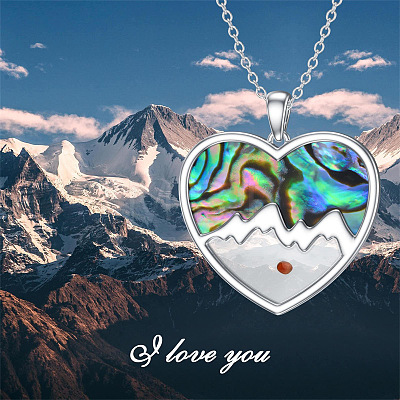304 Stainless Steel & Natural Paua Shell Heart Mustard Seed Faith Mountain Pendant Necklaces for Women WGD75B3-01-1
