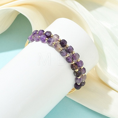 Cube Natural Amethyst & Freshwater Pearl Beaded Copper French Wire Wrap Cuff Bangles BJEW-JB13984-02-1