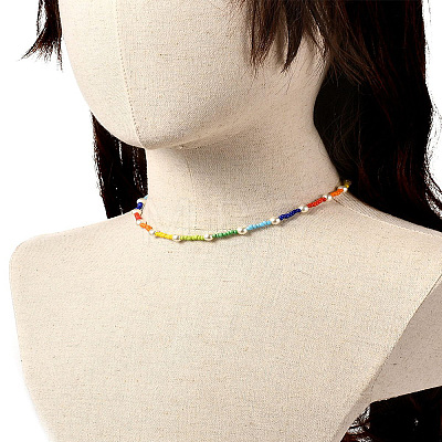 Glass Seed & Glass Pearl Beaded Necklace for Girl Women X1-NJEW-TA00007-1