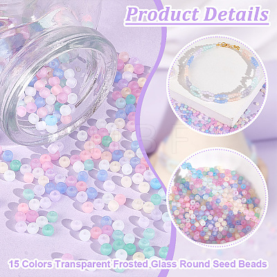   150G 15 Colors Transparent Frosted Glass Round Seed Beads GLAA-PH0003-08-1