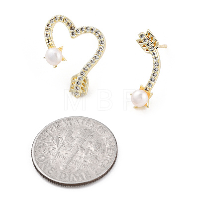 Clear Cubic Zirconia Arrow & Heart Asymmetrical Earrings with Natural Pearl Beaded EJEW-T019-06G-1