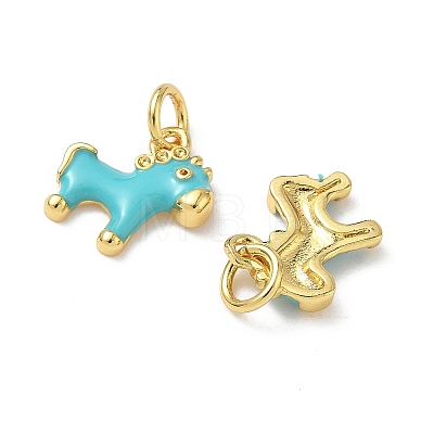 Brass Cyan Enamel Horse Charms with Jump Rings KK-I371-01G-1