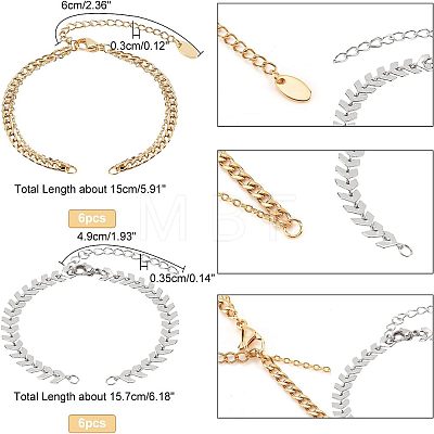  12Pcs 2 Style 304 Stainless Steel  Chain & Brass Cable Chain Bracelet Making AJEW-NB0003-26-1