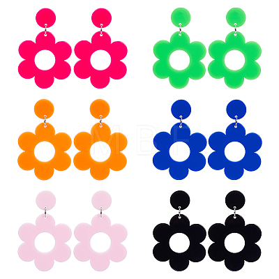 ANATTASOUL 6 Pairs 6 Colors Flower Acrylic Dangle Stud Earrings with Steel Iron Pins for Women EJEW-AN0004-03-1