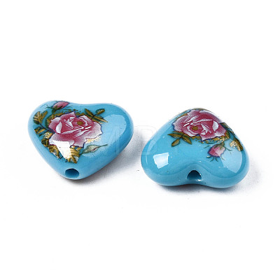 Flower Printed Opaque Acrylic Heart Beads SACR-S305-28-O04-1