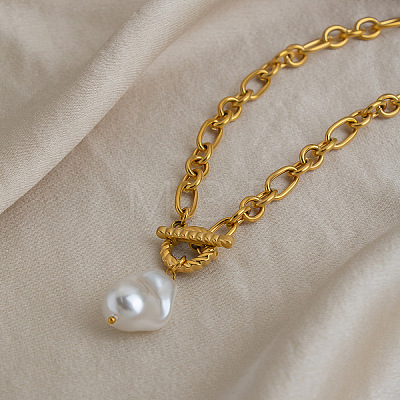 Imitation Baroque Keshi Pearl Teardrop Pendant 304 Stainless Steel Figaro Chain Necklaces with OT Clasps for Women OV1022-1-1