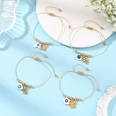 Religion Natural Shell Enamel Evil Eye and Stainless Steel Charm Nylon Cord Braided Bracelets BJEW-JB14285-1