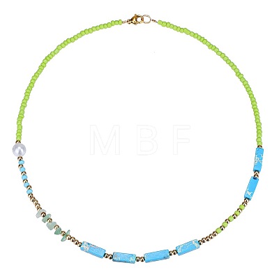 Bohemian Cuboid Dyed Natural Imperial Jasper & Synthetic Turquoise & Imitation Pearl & Glass Seed Beaded Necklaces TE0574-1-1