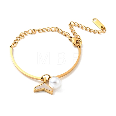Natural Shell Whale Tail and Imitation Pearl Charm Bracelet BJEW-G640-03G-1