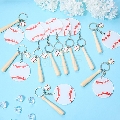 15Pcs Theaceae Wood Baseball Bat & Acrylic Baseball & Alloy Enamel Pendant Keychains KEYC-SW00030-1