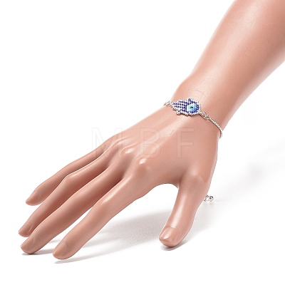 Glass Seed Braided Hamsa Hand with Evil Eye Link Slider Bracelet BJEW-MZ00003-1