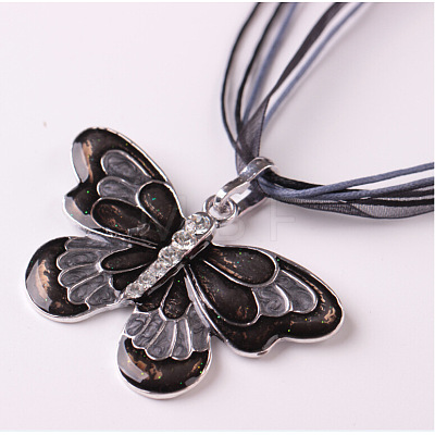 Butterfly Alloy Enamel & Rhinestone Pendant Waxed Cord Necklaces for Women FS-WGA0605-05-1