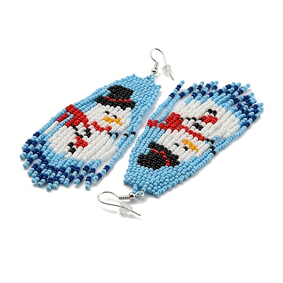 Boho Seed Bead Christmas Snowman Tassel Earrings EJEW-Q380-03A-1