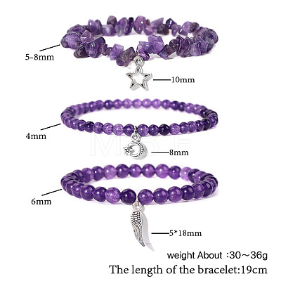 3Pcs Alloy & Natural Amethyst Beads Charm Bracelets DY7954-1-1