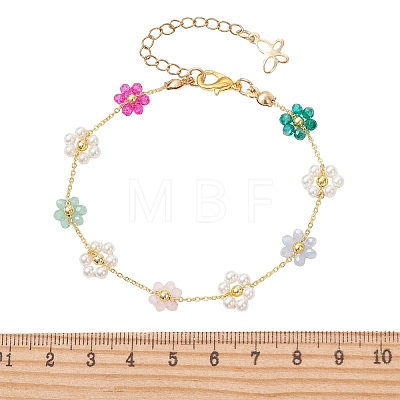 Brass & Glass Flower Link Chain Bracelets for Women BJEW-JB14026-1