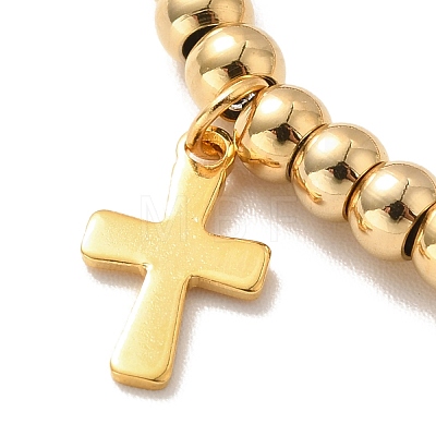 PVD Vacuum Plating 304 Stainless Steel Cross Charm Bracelet with 201 Stainless Steel Round Beads for Women BJEW-B057-24G-1