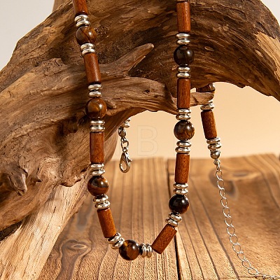 Adjustable Vintage Bohemian Men's Round Natural Tiger Eye and Column Wood Beaded Necklaces HA1225-1