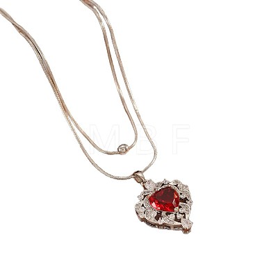 Brass Pave Red Cubic Zirconia Heart Pendant Round Snake Chain Double Layer Necklaces for Women WG9EE5F-02-1