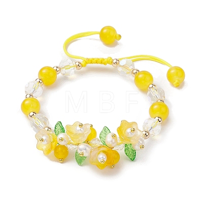 Flower Glass & Acrylic Braided Bead Adjustable Bracelets for Women BJEW-JB10446-04-1