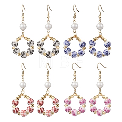 Printed Porcelain Round Dangle Earrings EJEW-JE06838-1