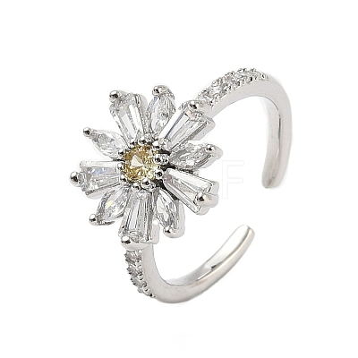 Flower Brass Micro Pave Cubic Zirconia Cuff Rings for Women RJEW-A069-01A-P-1