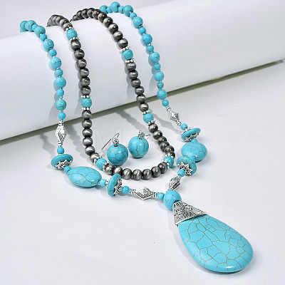 Teardrop Synthetic Turquoise Pendant Necklaces & Dangle Earrings & Stretch Bracelets Sets FS-WGCD8C0-01-1