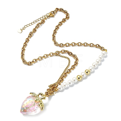 Acrylic Strawberry Pendant 304 Stainless Steel Mixed Chain Necklaces with Shell Pearl Beads NJEW-JN06114-01-1