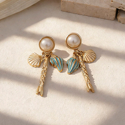 Alloy Enamel with Plastic Pearls Stud Earrings EJEW-Z172-05G-02-1