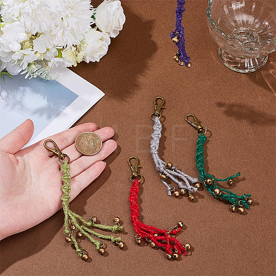 5Pcs 5 Colors Brass Bell Charm with Jute Cord Pendant Decoration HJEW-OC00356-1