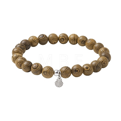 Natural Wood Round Beaded Stretch Bracelet with 304 Stainless Steel Charms BJEW-JB10164-1