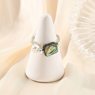 Eco-Friendly Copper Wire with Natural Abalone Shell/Paua Shell Finger Rings RJEW-JR01086-02-1