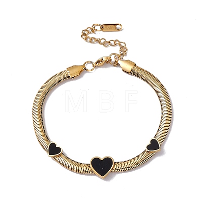 Black Enamel Heart Link Bracelet with Flat Snake Chains BJEW-P284-07G-1