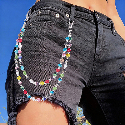 1Pc Polymer Clay Rhinestone Disc Ball and Round Acrylic Beaded Double Layer Pants Chains AJEW-BM0001-27-1