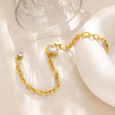 304 Stainless Steel Pave Clear Cubic Zirconia Oval Link Figaro Chain Bracelets for Women WG79883-01-1