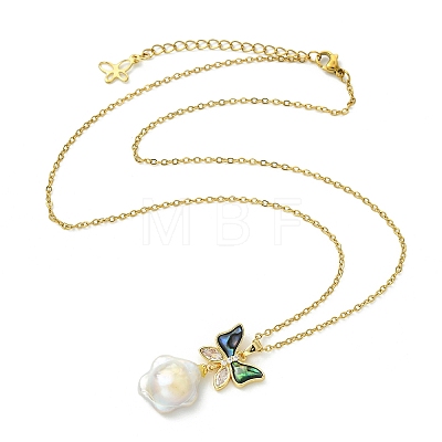 Brass Pave Clear Cubic Zirconia and Natural Abalone Shell Butterfly and Natural Baroque Keshi Pearl Flower Pendant 304 Stainless Steel Cable Chain Necklaces for Women NJEW-JN06116-1