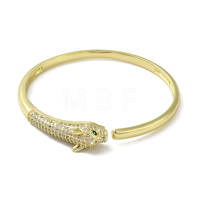 Brass Pave Clear & Green Cubic Zirconia Leopard Open Cuff Bangle for Women BJEW-K246-20C-G-1