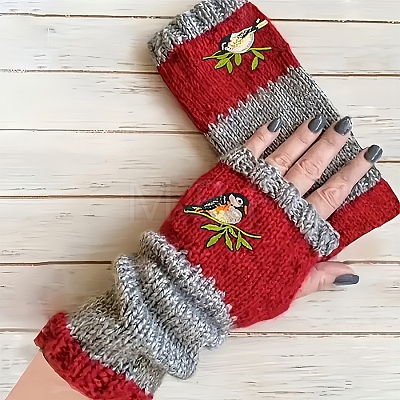 Acrylic Fibers Bird Pattern Knitting Fingerless Gloves PW-WG647CB-02-1