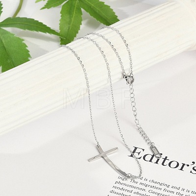 304 Stainless Steel Religion Curved Cross Pendant Cable Chain Necklaces for Women NJEW-P320-13P-1