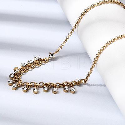 304 Stainless Steel Crystal Rhinestone Flat Round Tassel Pendant Rolo Chain Necklaces for Women NJEW-G199-05G-1