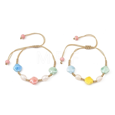 Glazed Porcelain Beads & Natural Cultured Freshwater Pearl Braided Bead Bracelets BJEW-JB14202-01-1