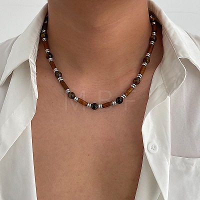 Adjustable Vintage Bohemian Men's Round Natural Tiger Eye and Column Wood Beaded Necklaces HA1225-1